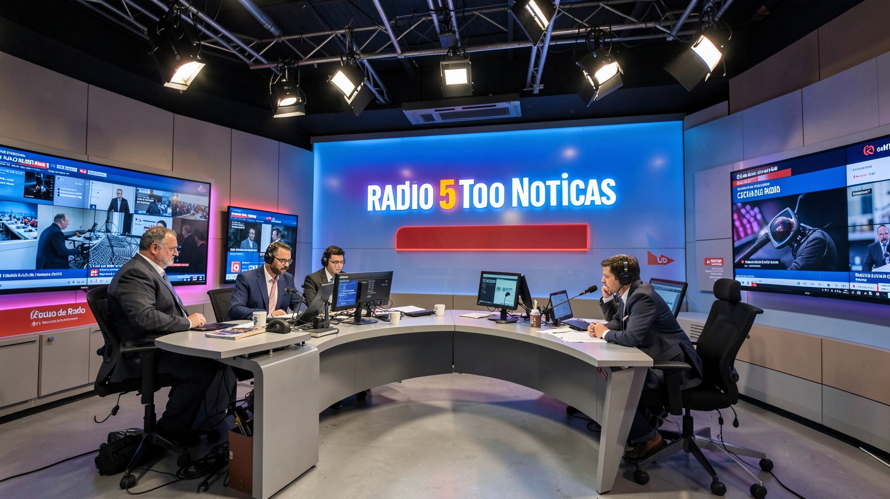 A Spanish public radio newsroom with a wall sign reading Radio 5 Todo Noticias