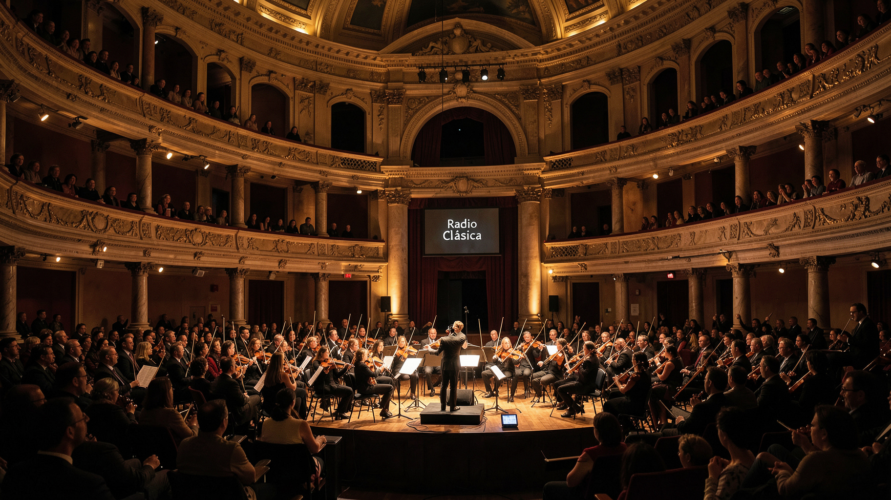 An elegant orchestral concert hall in Madrid with a sign reading Radio Clásica near the stage