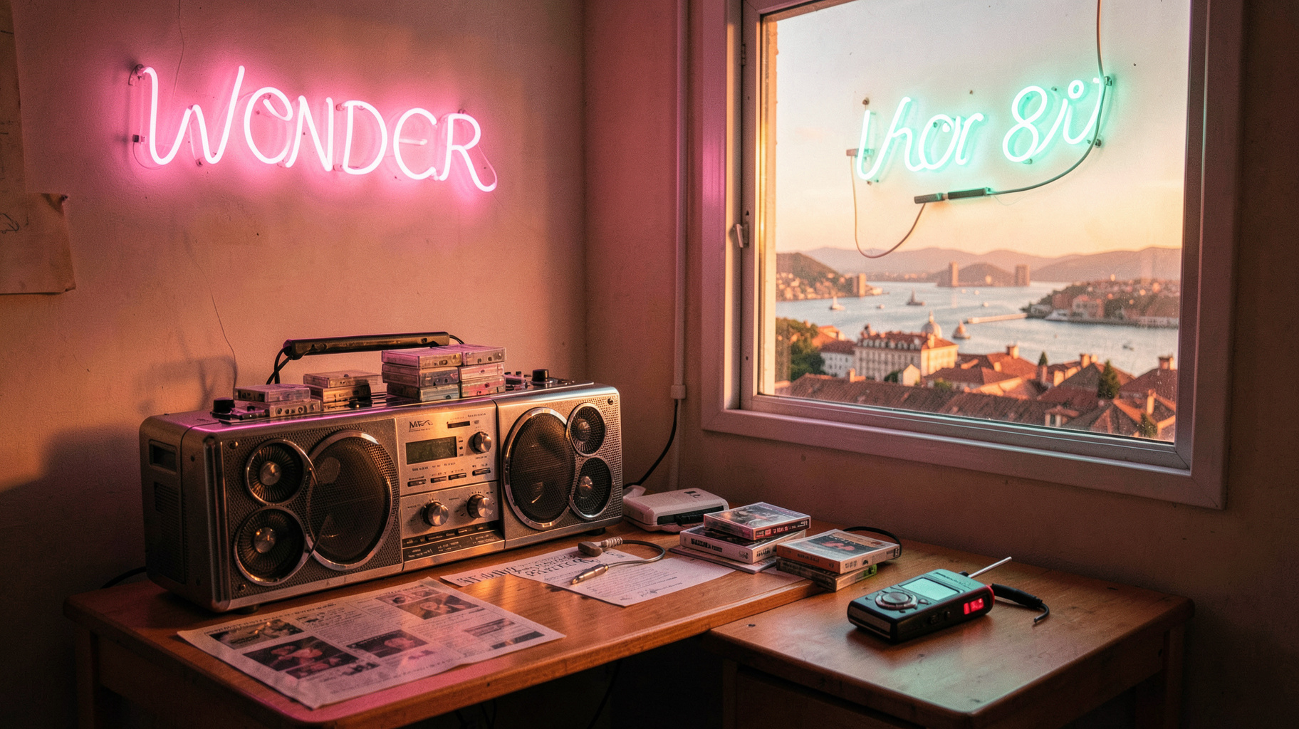 A retro 1980s desk with a boombox and cassette tapes, a Lisbon rooftop view and a neon sign reading Wonder 80