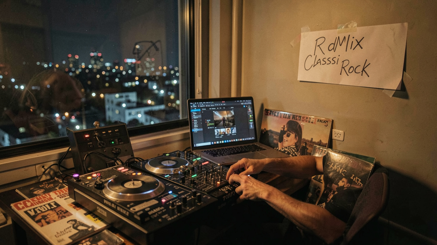 A home radio studio near Toronto with classic rock vinyl and an RdMix Classic Rock sign