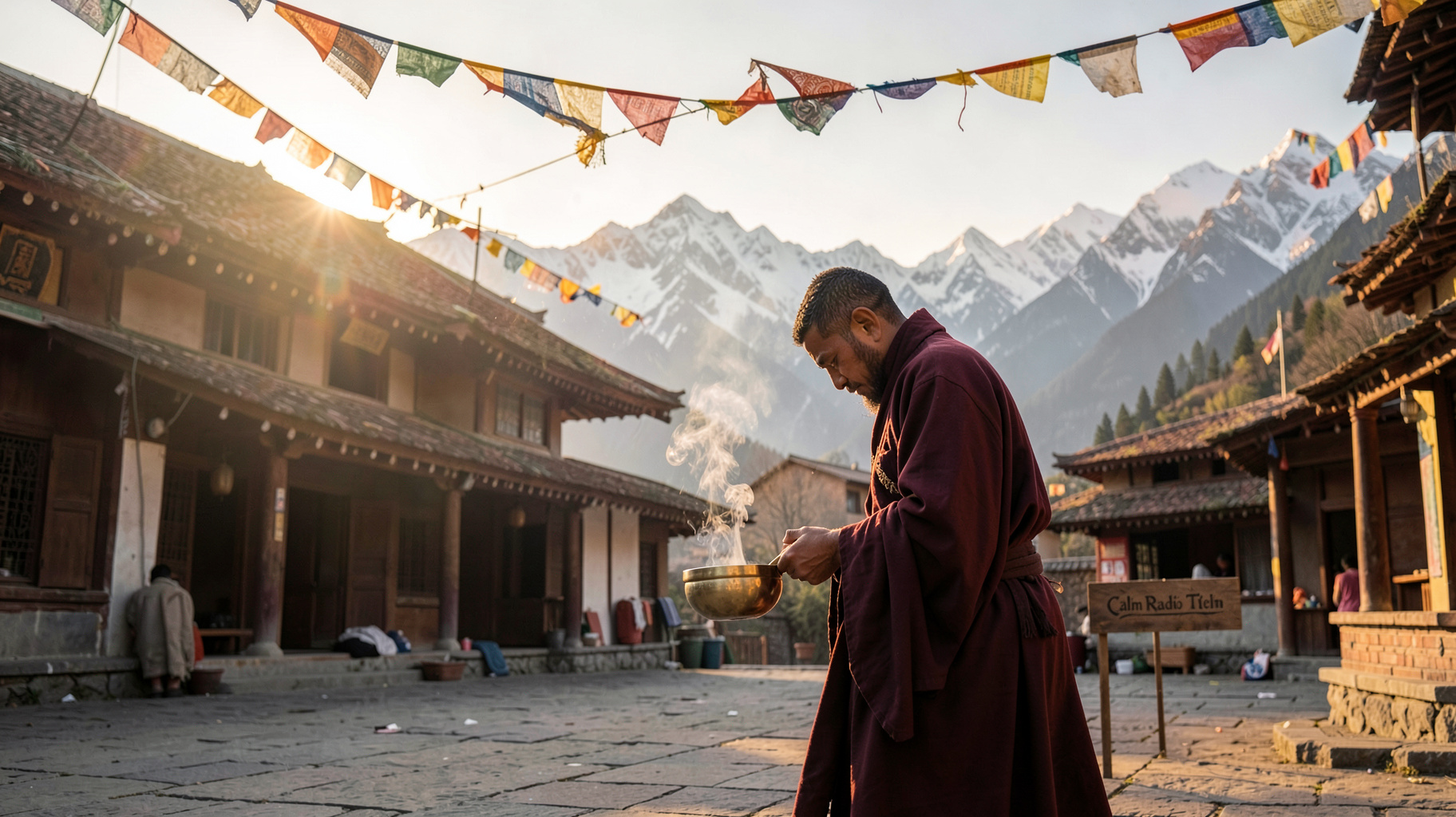 A serene Tibetan Buddhist monastery courtyard at dawn with a monk striking a singing bowl and a sign reading Calm Radio Tibet
