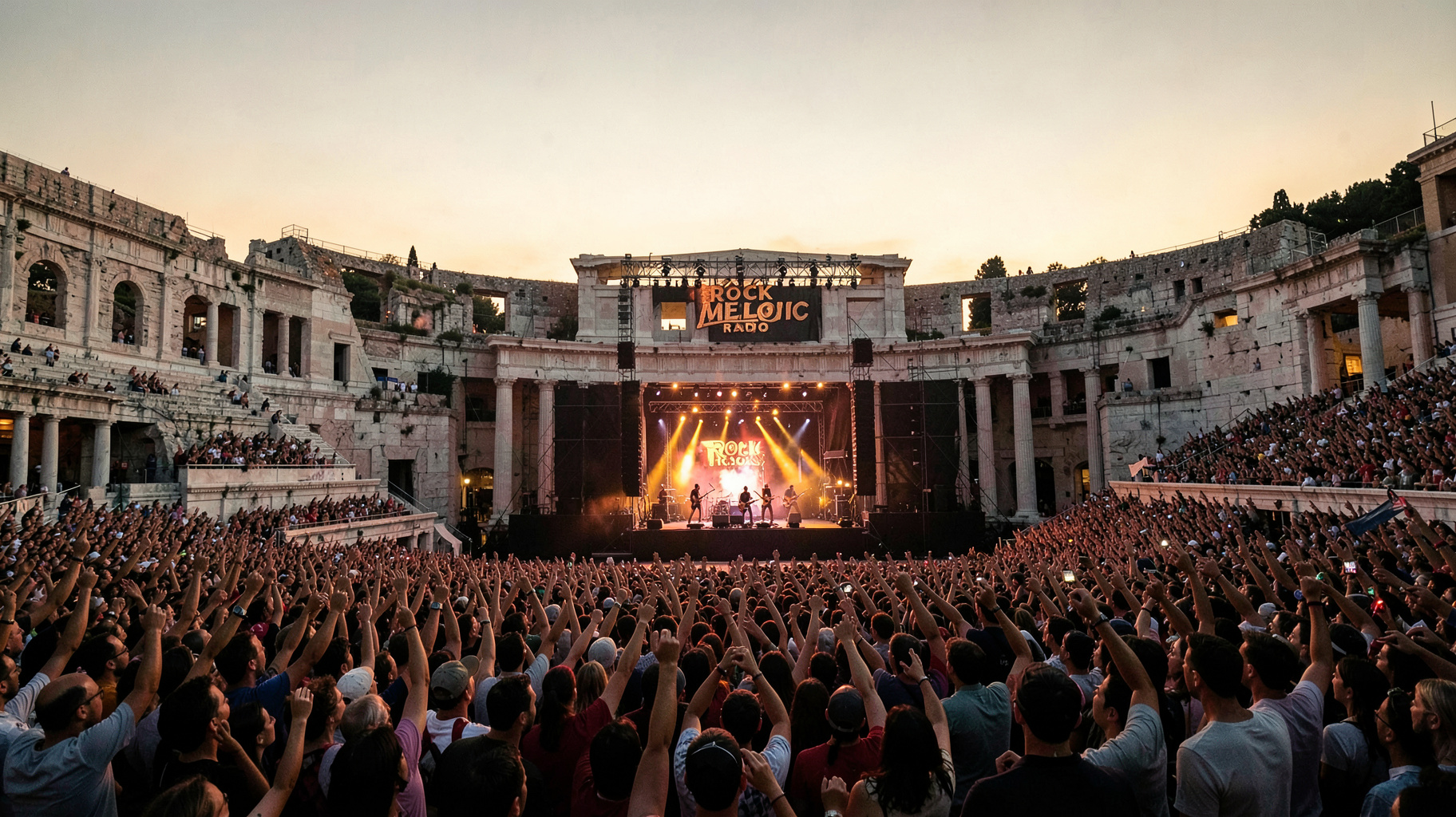 A massive rock concert crowd filling the ancient Panathenaic Stadium in Athens with a marquee reading Rock Melodic Radio