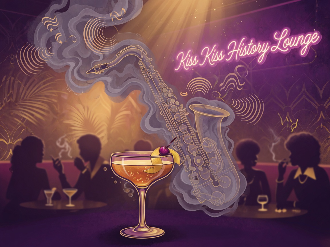 Abstract golden lounge jazz artwork inspired by Kiss Kiss History Lounge, Naples