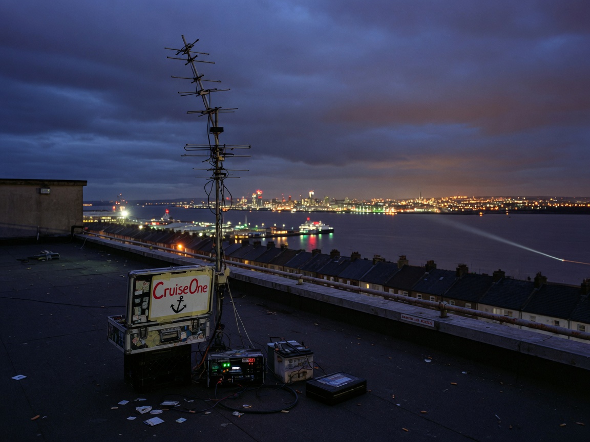 A rooftop pirate radio transmitter overlooking the Wirral coastline at night with a hand-painted CruiseOne sign