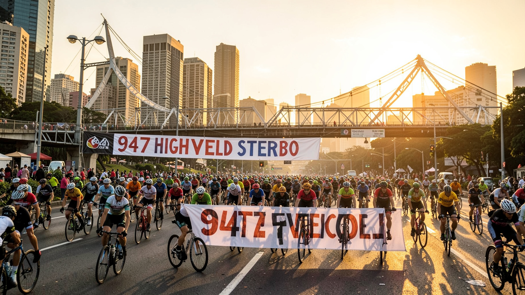 Cyclists riding through downtown Johannesburg at sunrise for a Highveld Stereo event