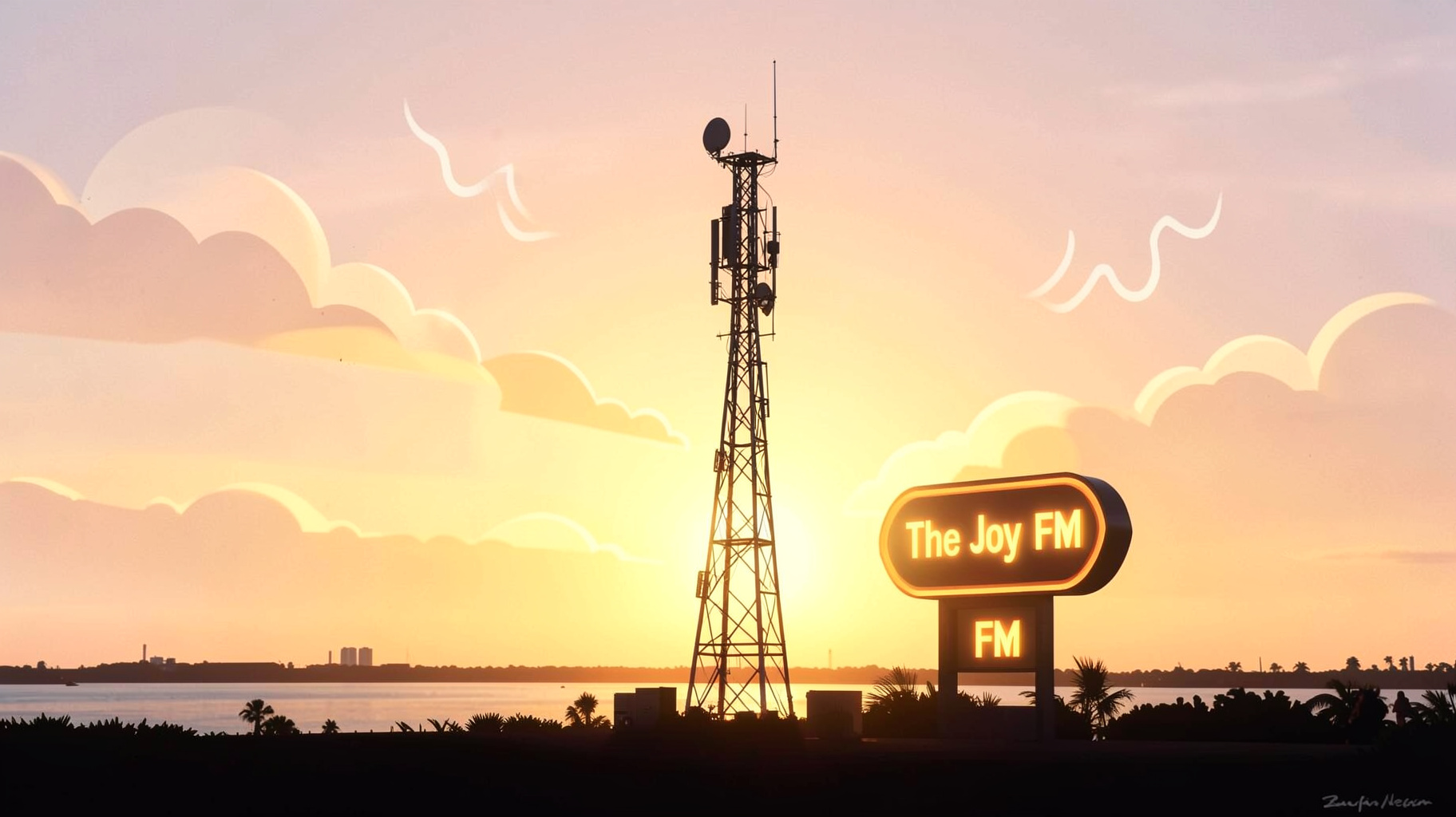 A peaceful Florida Gulf Coast sunrise with a radio tower glowing with a sign reading The Joy FM