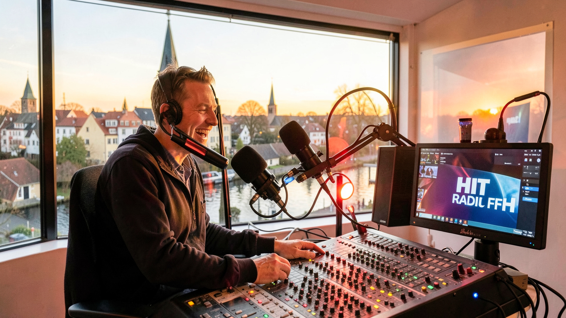 Bright radio studio in Bad Vilbel at sunrise with a presenter on air