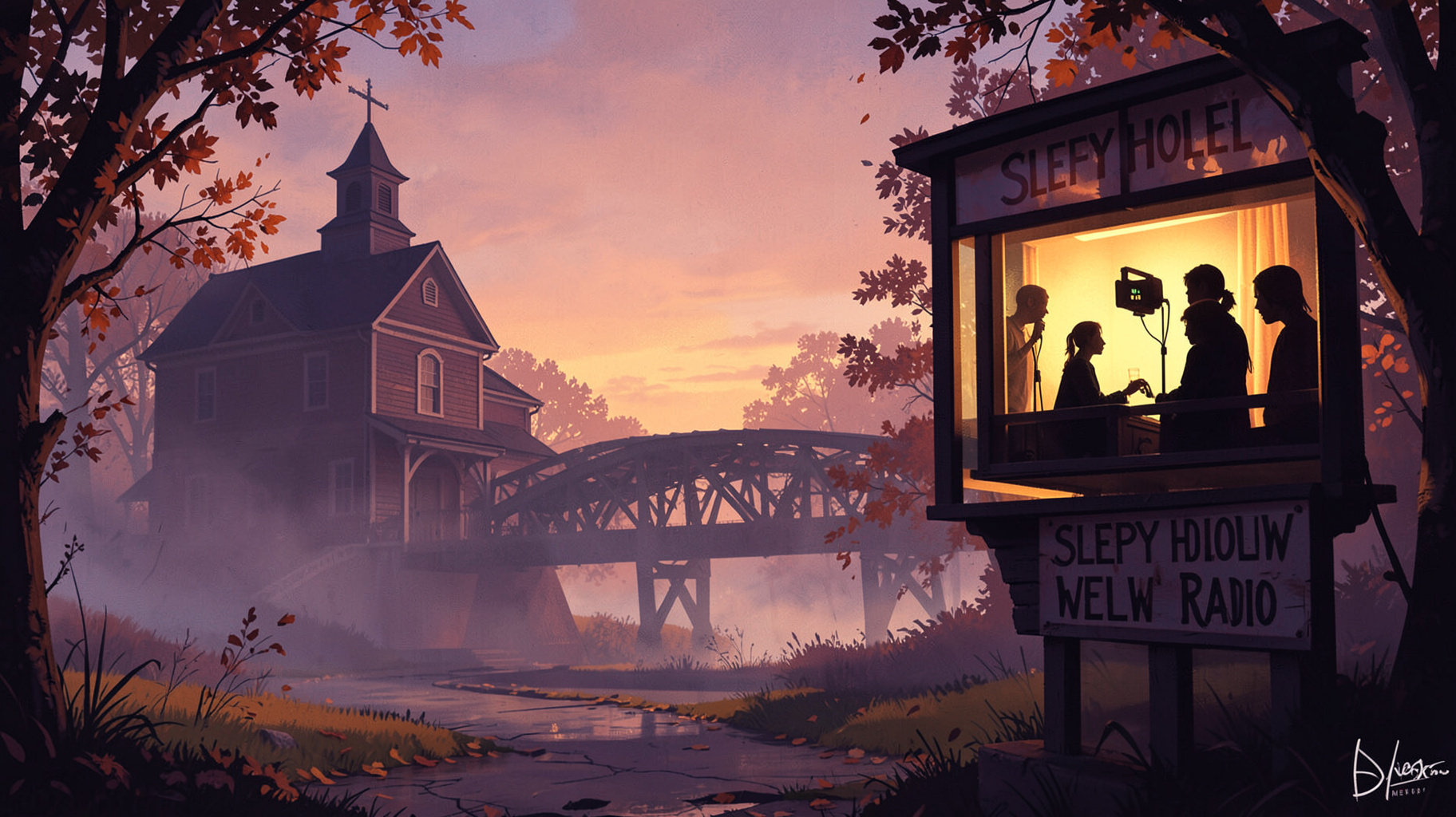 A misty autumn evening in Sleepy Hollow New York with a glowing student radio studio window