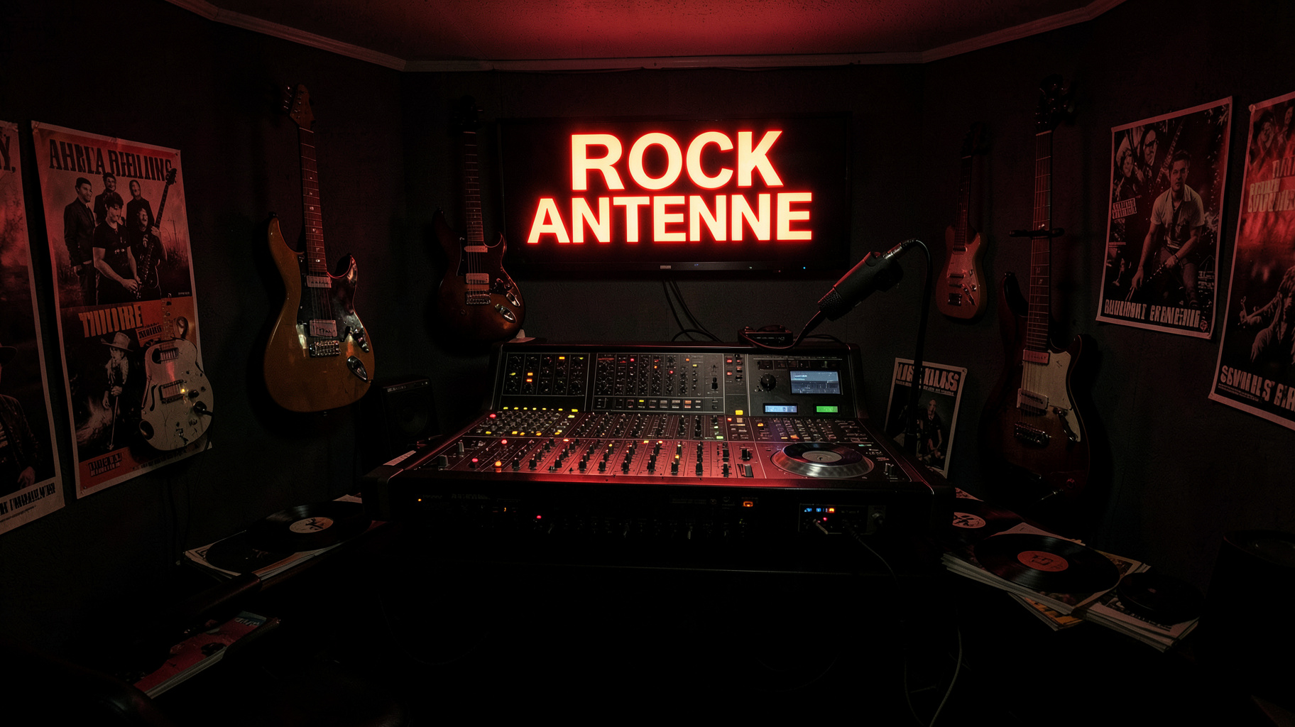 A German rock radio DJ booth at night with guitars on the wall and a glowing sign reading Rock Antenne