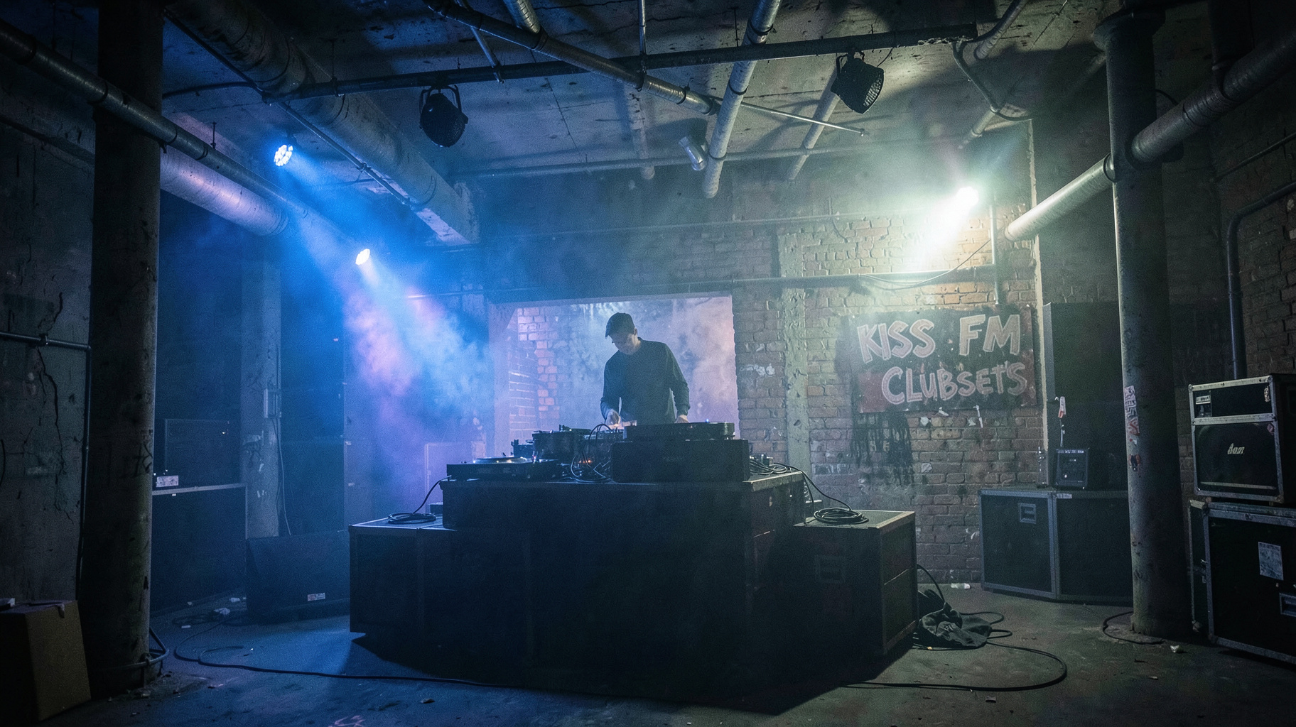 An industrial Berlin techno warehouse club with a DJ silhouette and a sign reading KISS FM Clubsets