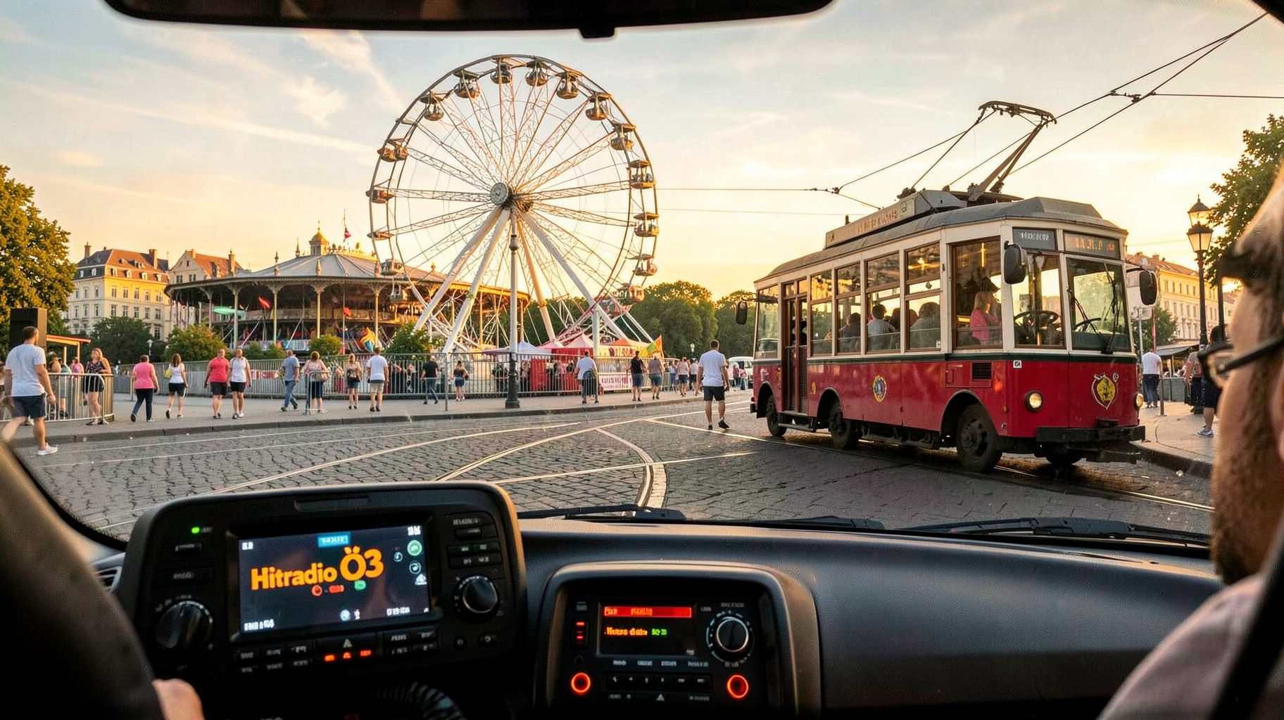 Vienna at golden hour with the Riesenrad and a car radio display reading Hitradio Ö3