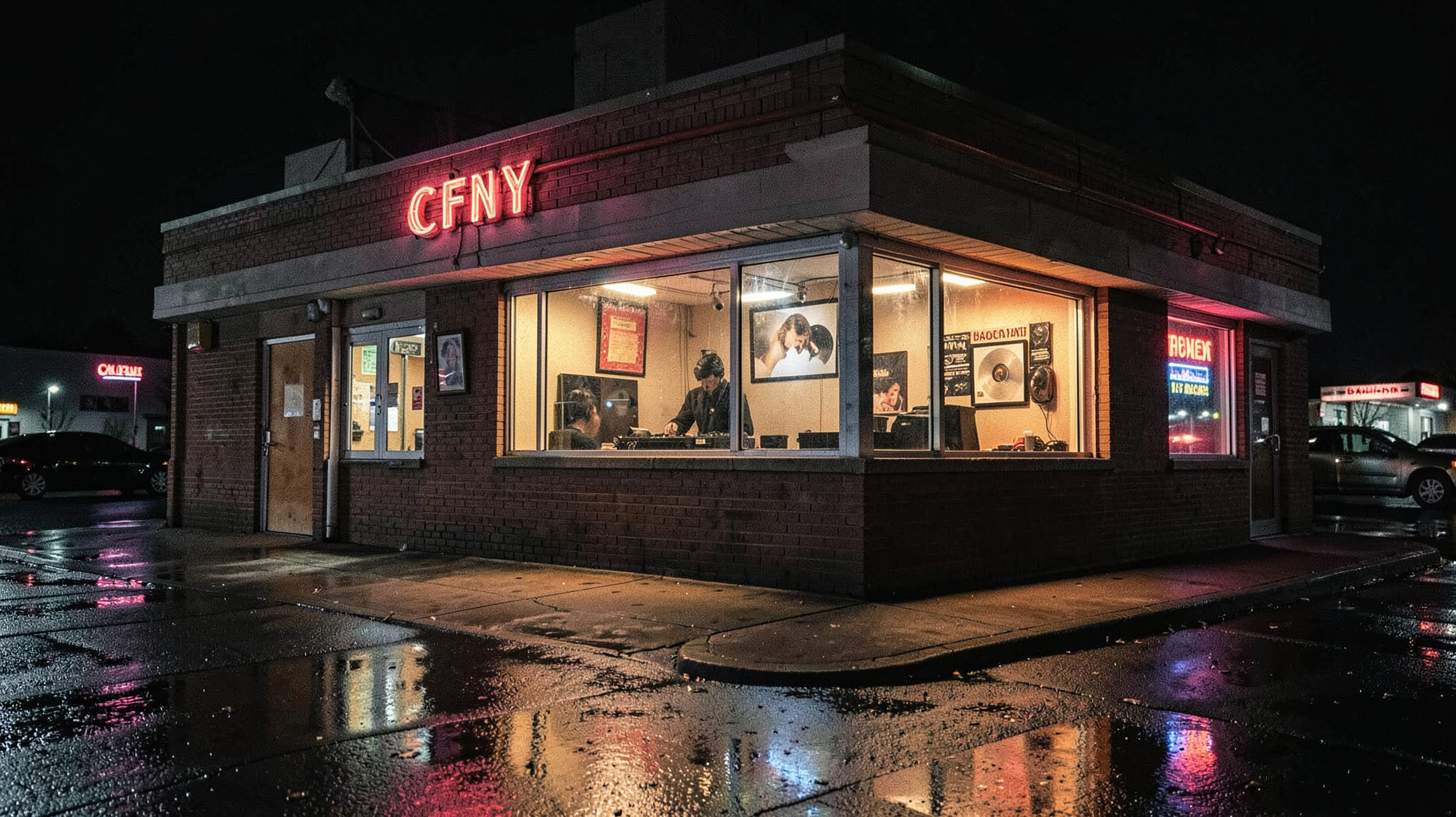 A gritty 1980s strip mall radio station in Brampton, Ontario at night with a sign reading CFNY