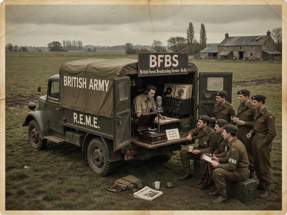 A vintage 1947 British Army mobile broadcasting truck in a European field