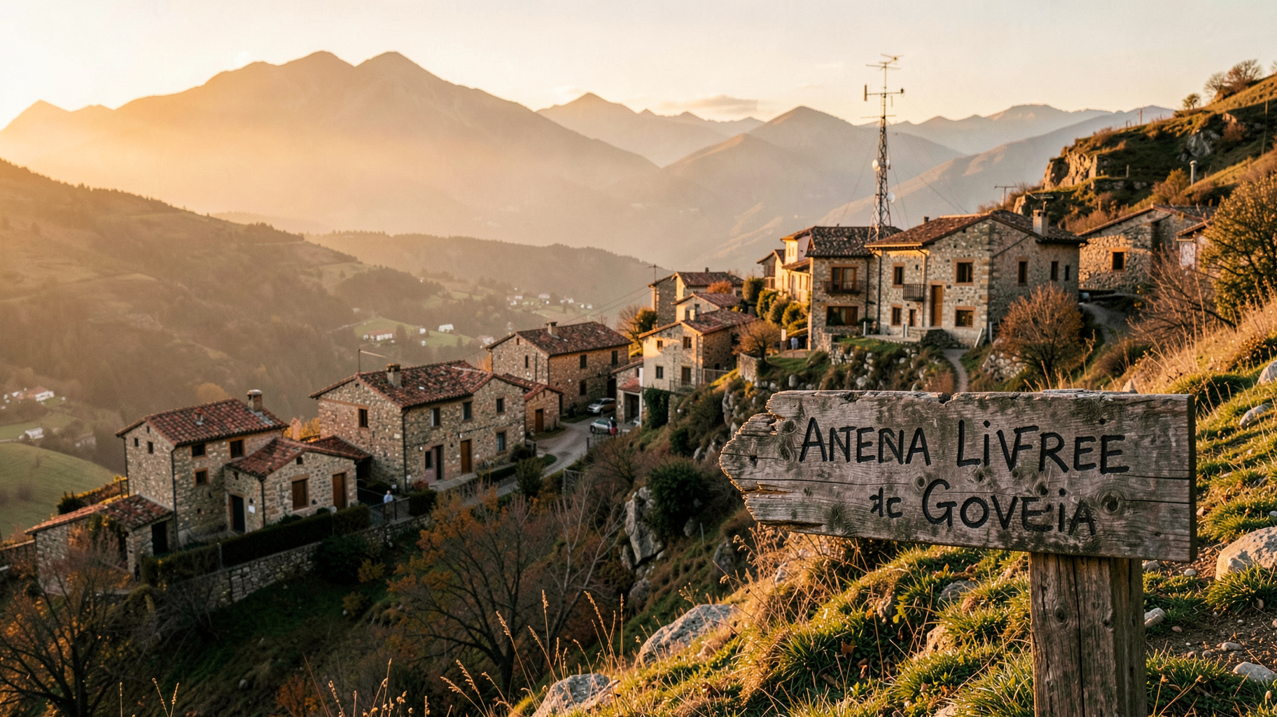 A Portuguese mountain village in the Serra da Estrela at golden hour with a radio antenna overlooking the valley