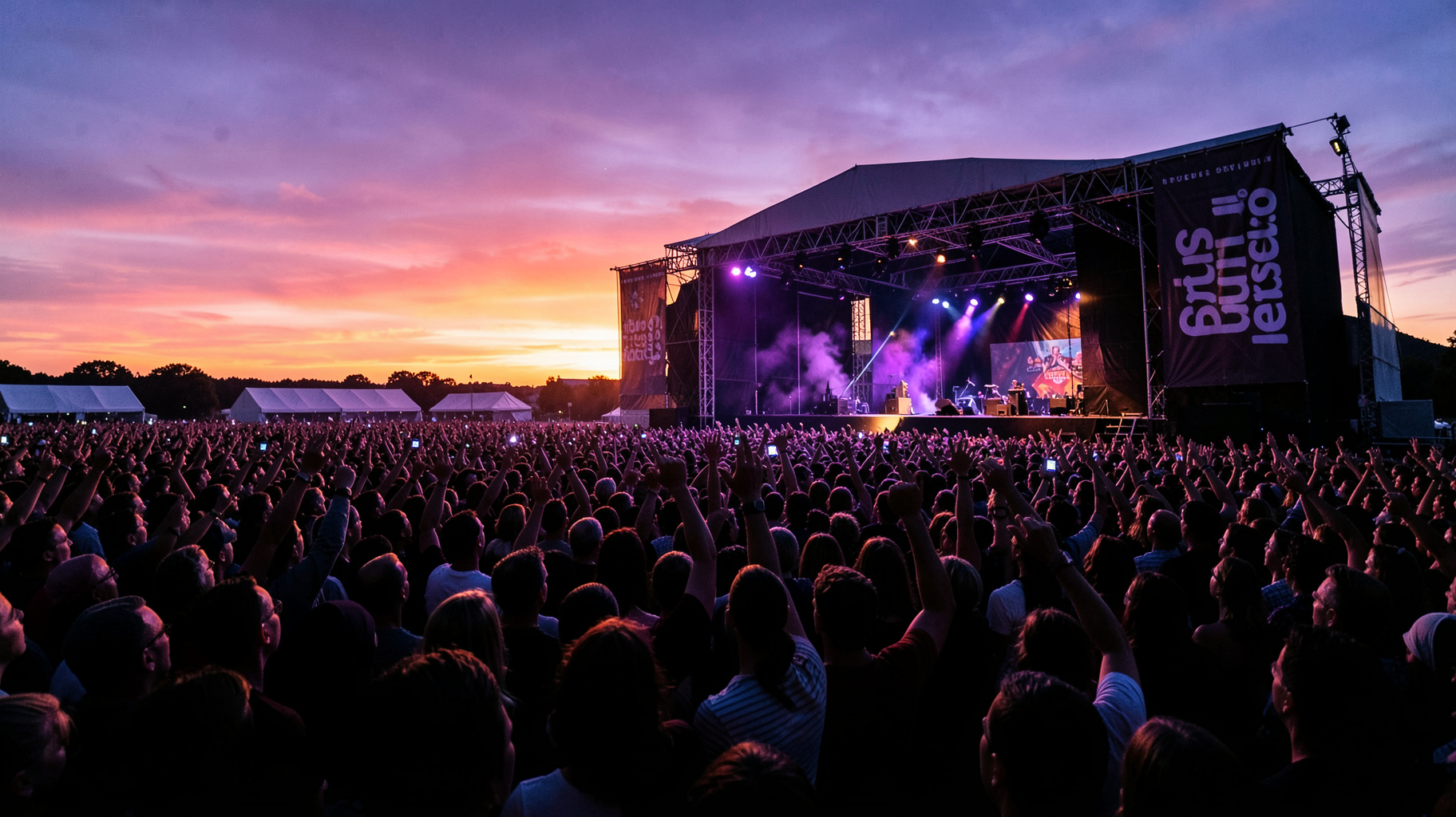 A massive Belgian rock festival crowd at dusk with a Studio Brussel banner