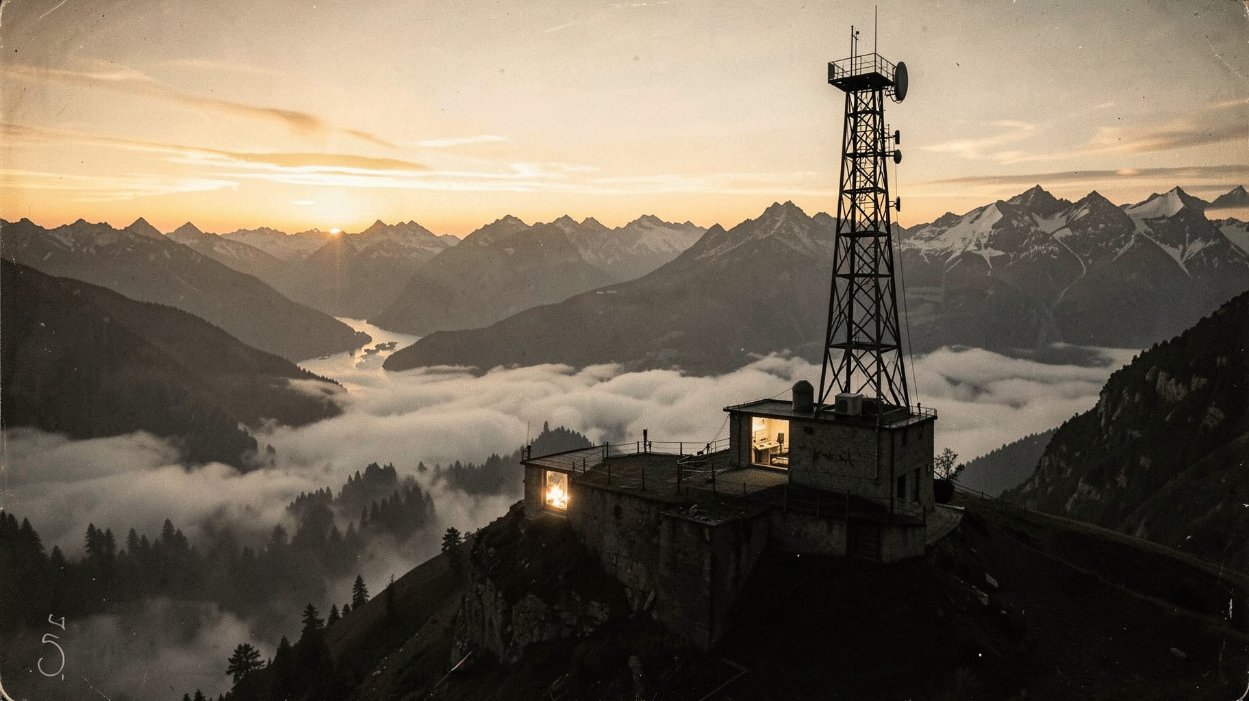 A vintage Swiss radio transmitter tower atop Monte Ceneri mountain at golden sunset