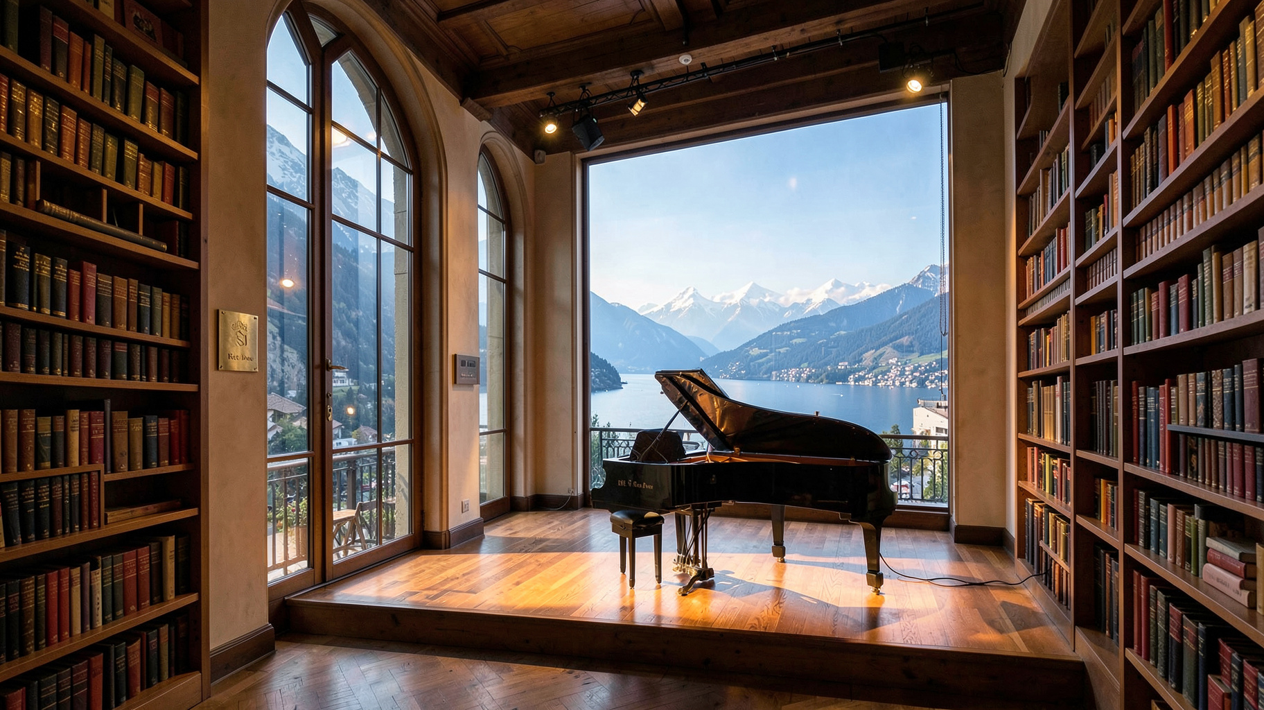 A pianist performing in an elegant Lugano concert hall overlooking the lake