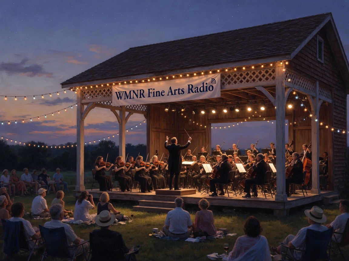 Outdoor summer orchestra concert at dusk, inspired by WMNR Fine Arts Radio's Tanglewood broadcasts