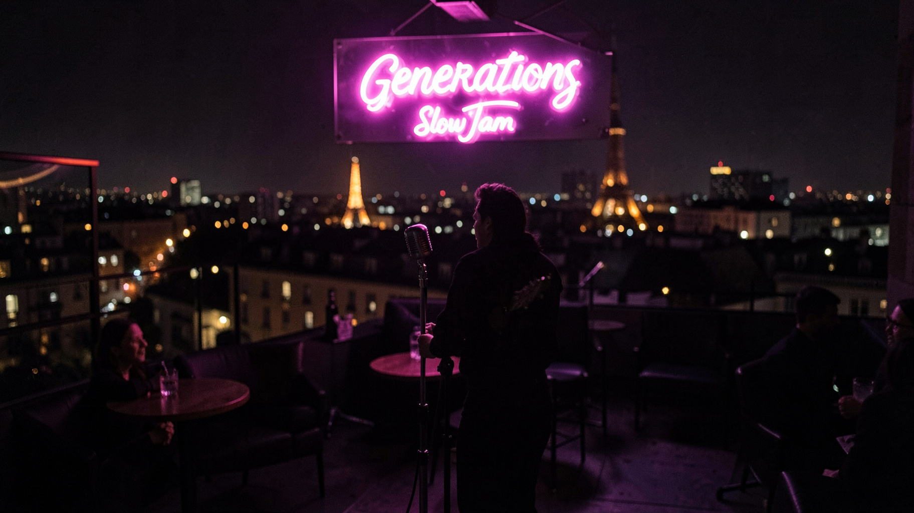 A moody Paris rooftop lounge at night with a soul singer silhouette and a neon sign reading Generations SlowJam
