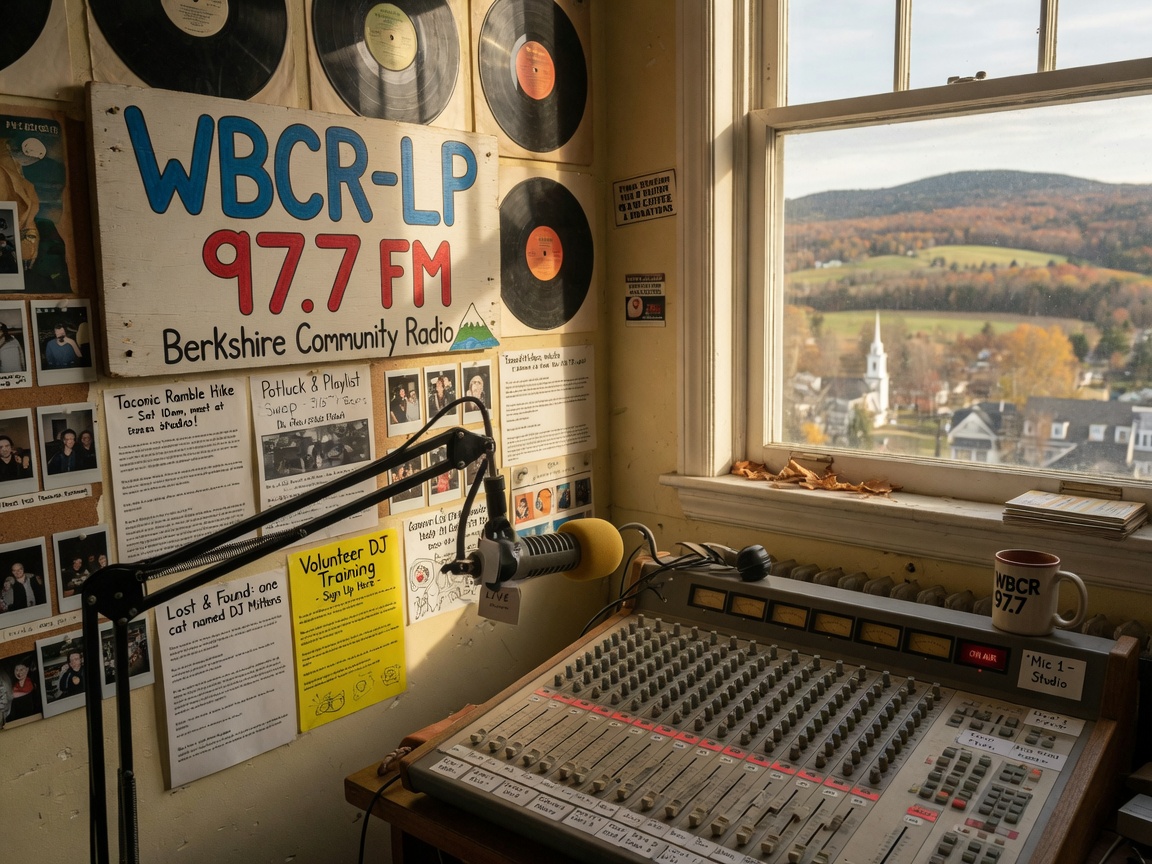 A cozy volunteer-run community radio studio with a hand painted sign reading WBCR-LP 97.7 FM