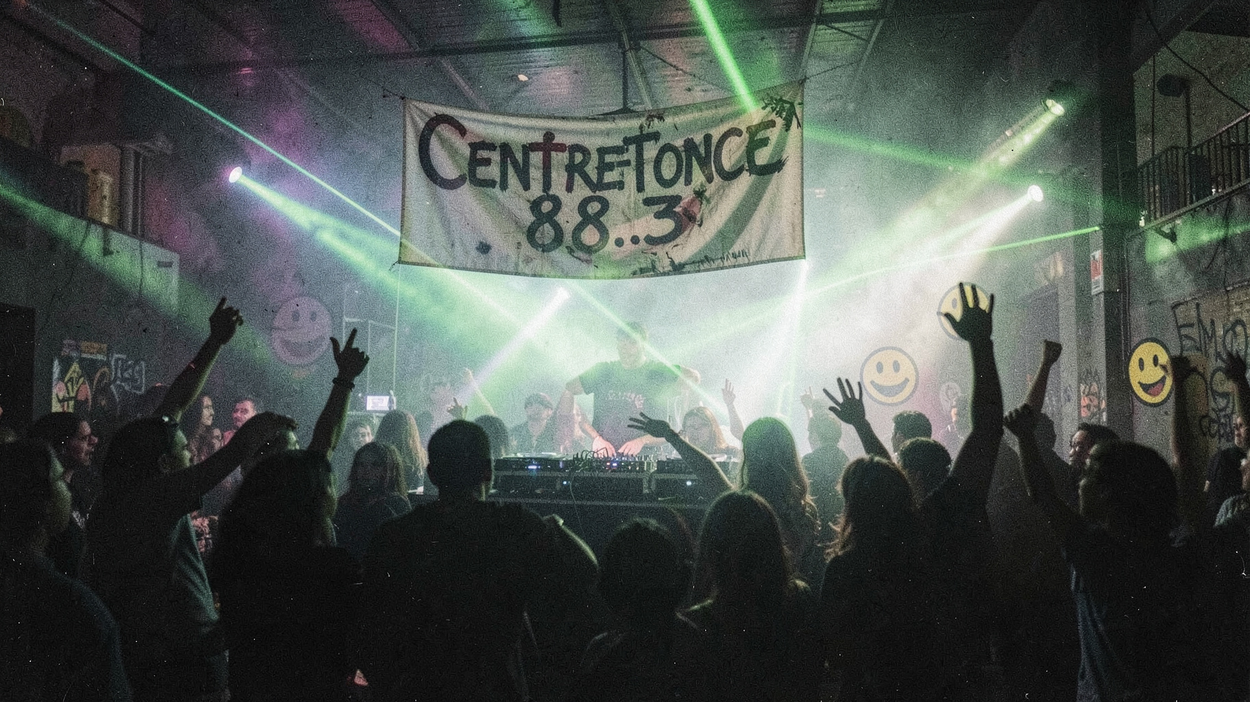 A smoky 1989 East London warehouse rave with a banner reading Centreforce 88.3 above the DJ booth