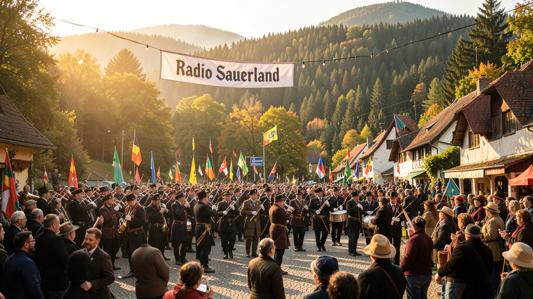 A traditional Schutzenfest festival crowd in a forested Sauerland village with a Radio Sauerland banner overhead