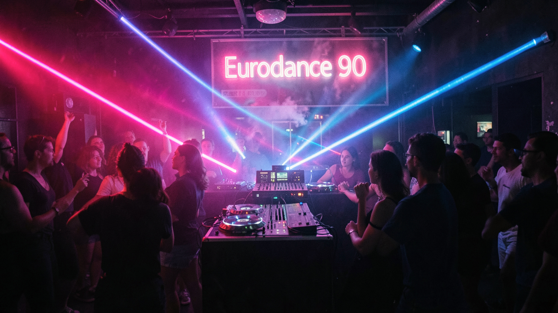 Retro 1990s French dance club with neon lights and a DJ booth reading Eurodance 90