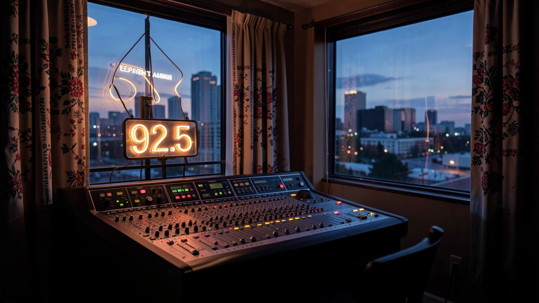 A radio studio mixing desk at dusk with the Edmonton skyline through the window and a glowing 92.5 neon sign