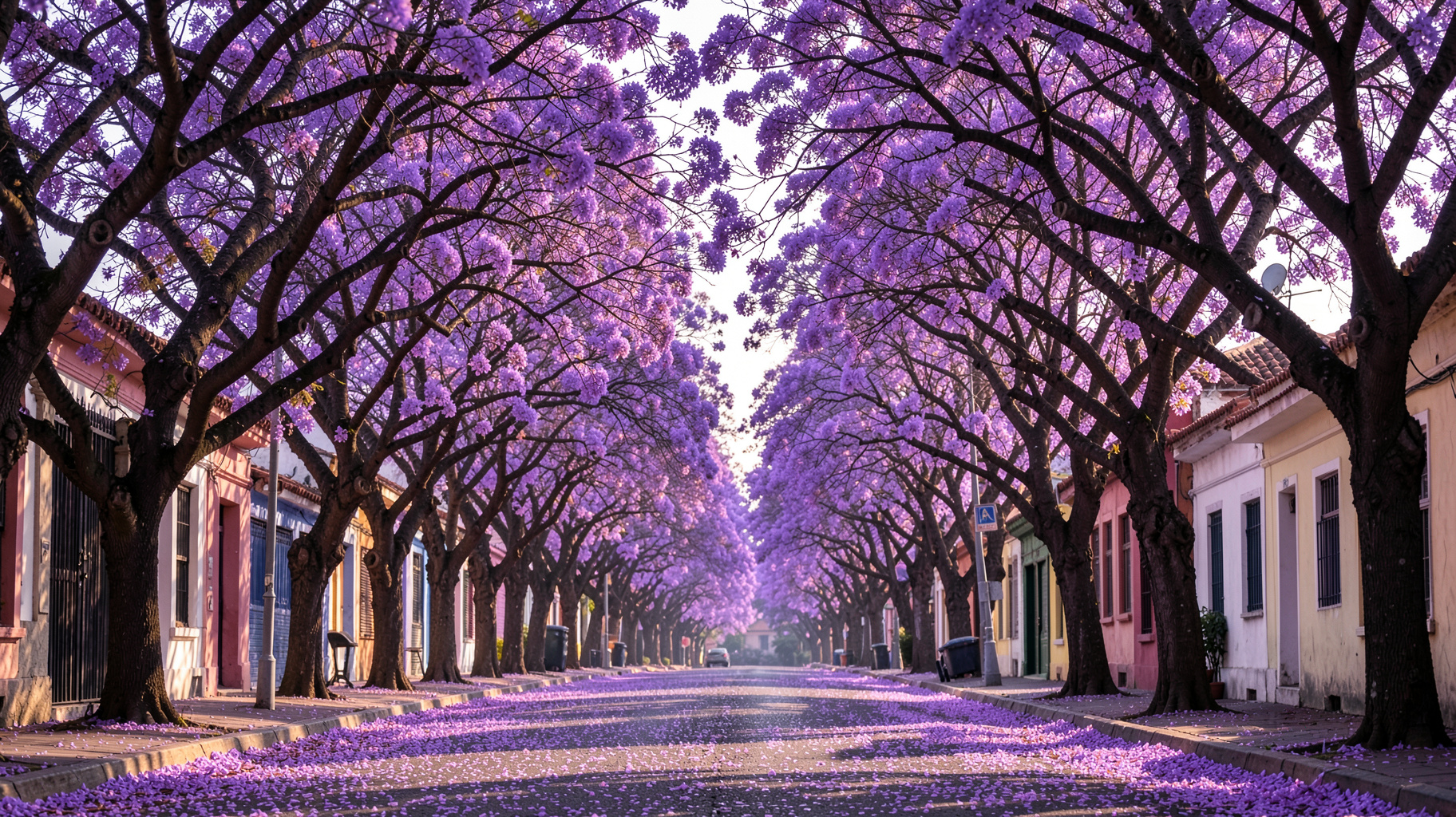 A Pretoria street canopied by blooming purple jacaranda trees