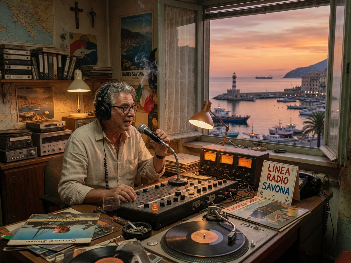 A warm vintage radio studio in a small coastal Italian town with an older broadcaster at a mixing desk overlooking the Savona harbor at sunset, a desk sign reading Linea Radio Savona