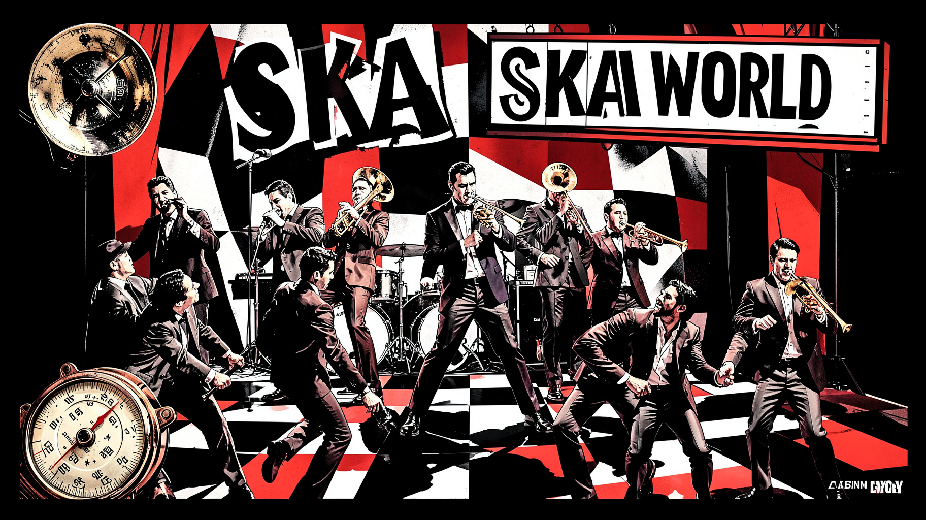 A retro two-tone ska band performing on stage with a marquee reading Ska World