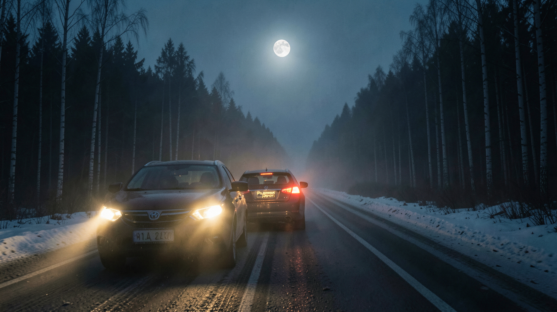 A car driving down a snowy Russian highway at night with a dashboard radio glowing and reading Rodnykh Dorog
