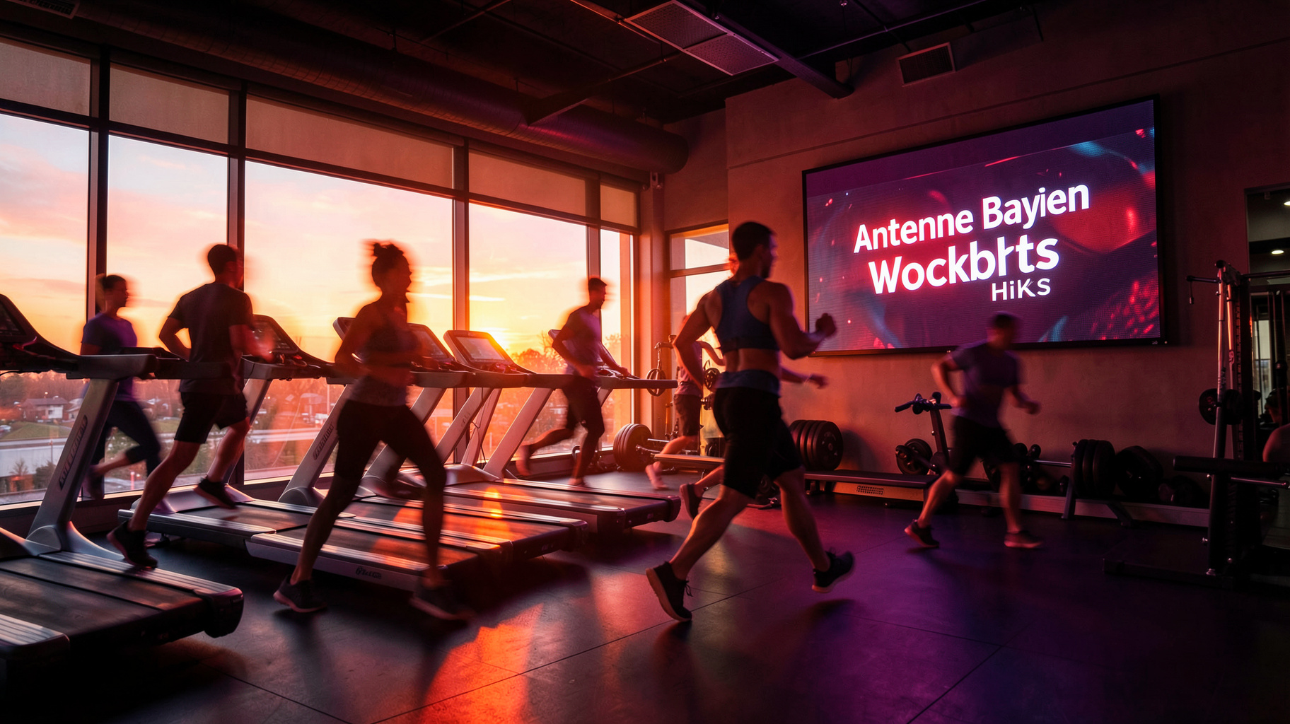 A dynamic modern gym at sunrise with a screen displaying Antenne Bayern Workout Hits
