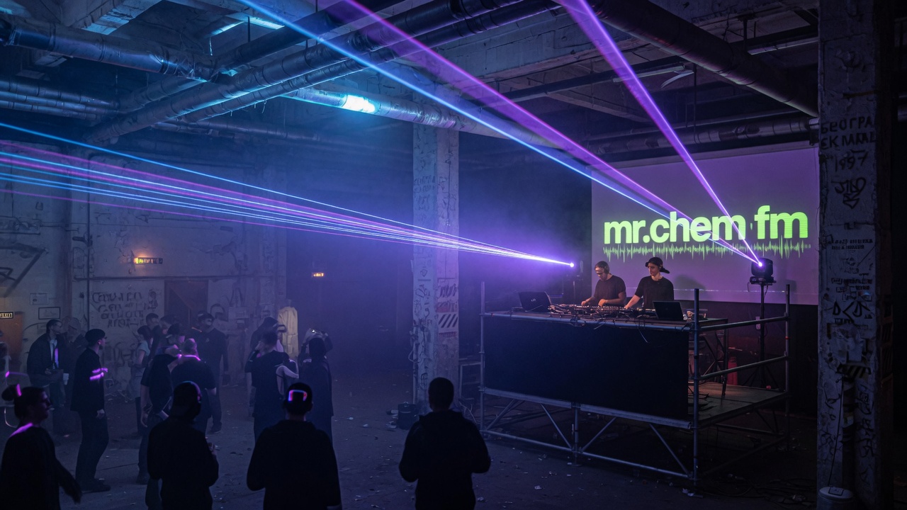 Industrial Belgrade warehouse venue with laser lights and a glowing mr.chem fm screen behind the DJ booth