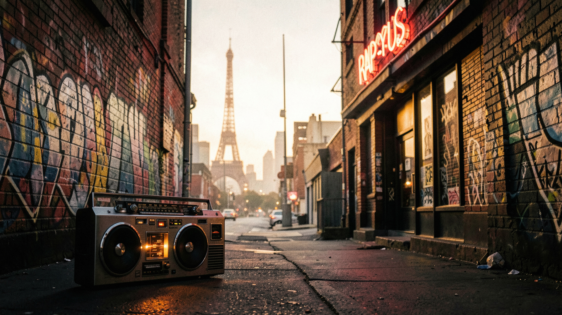 A 1990s New York street scene blended with a Paris skyline and a neon sign reading Generations RAP-US