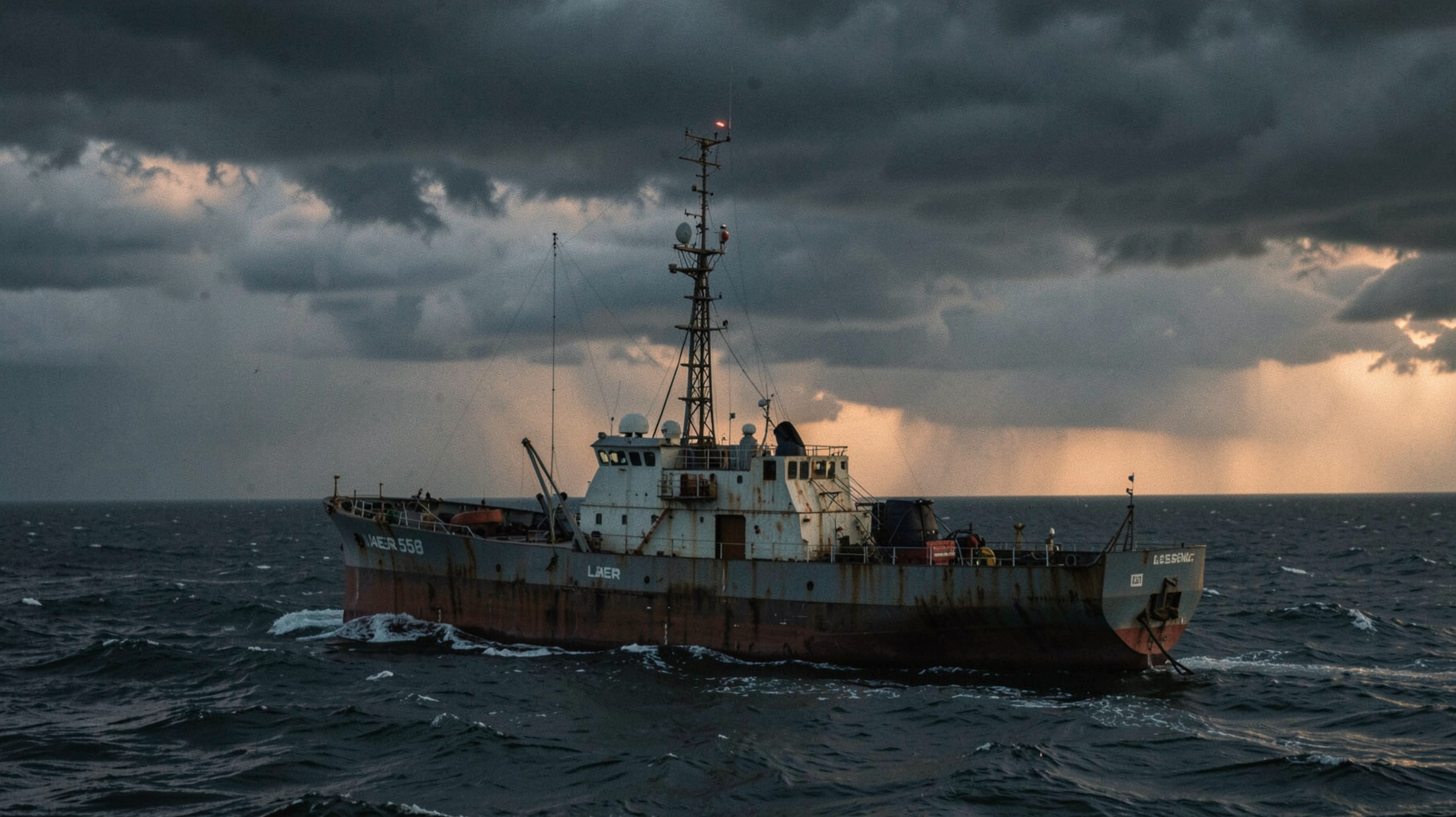 A rusty offshore radio ship anchored in the stormy North Sea at dusk, inspired by Laser 558 pirate radio