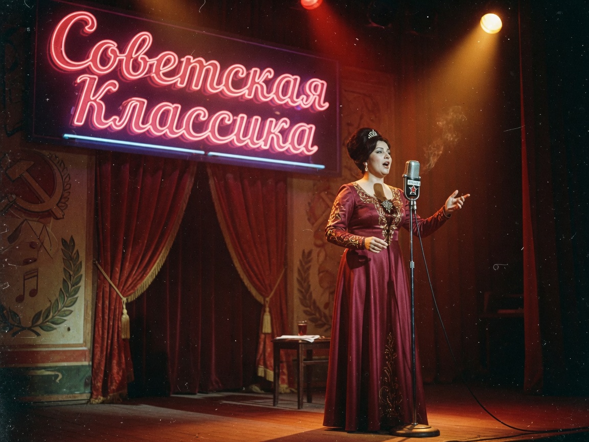 A stylish 1960s Soviet-era singer performing under stage lights, representing Soviet Classics Radio