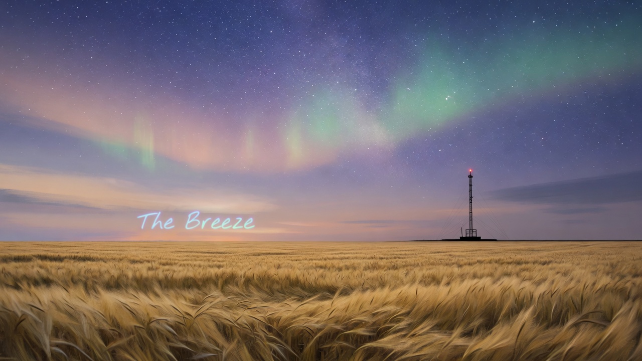 A Kansas wheat field at dusk under a starlit sky, evoking the calm of ambient radio
