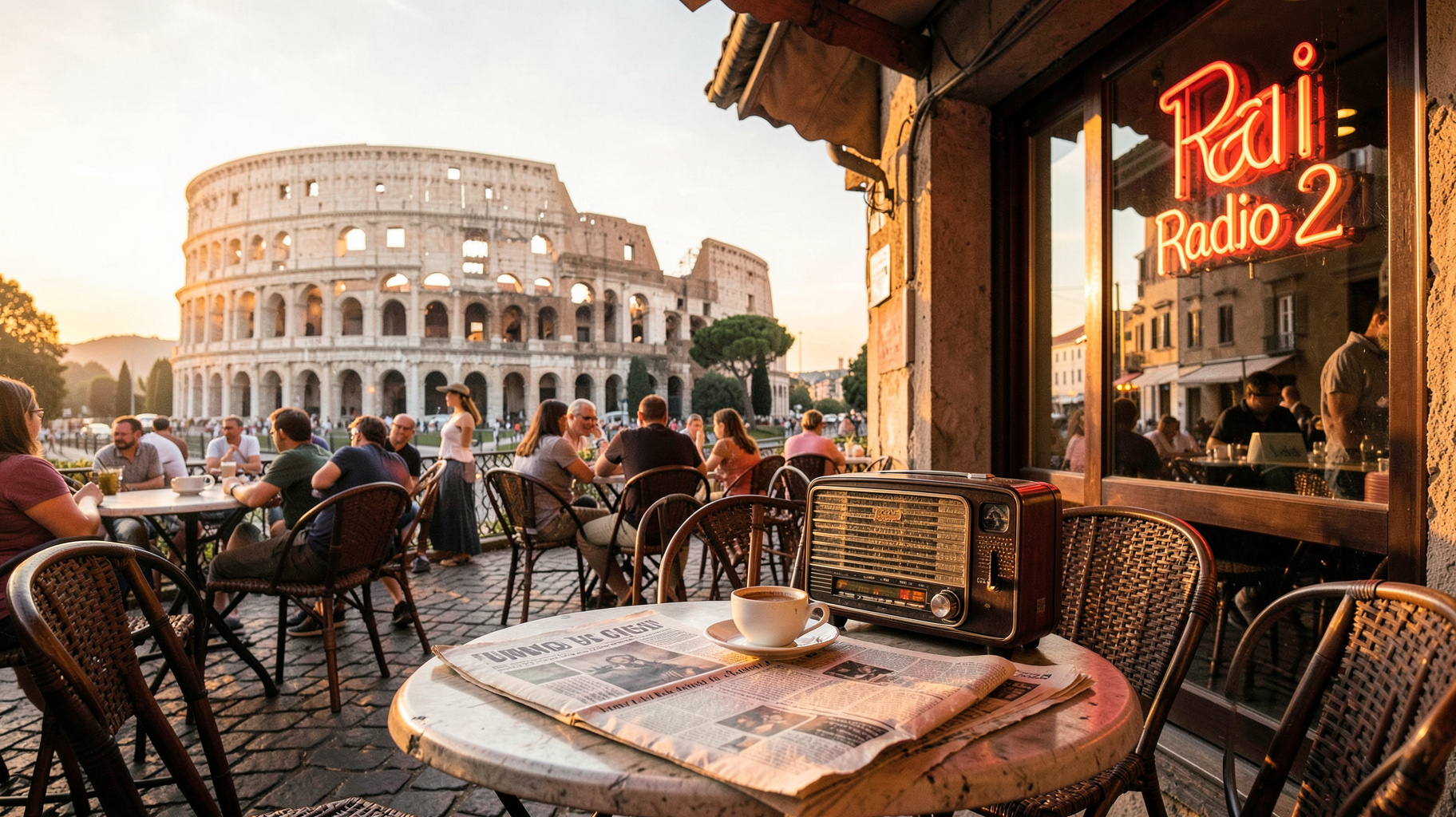 A Roman café terrace at sunrise with a vintage radio and a neon sign reading Rai Radio 2