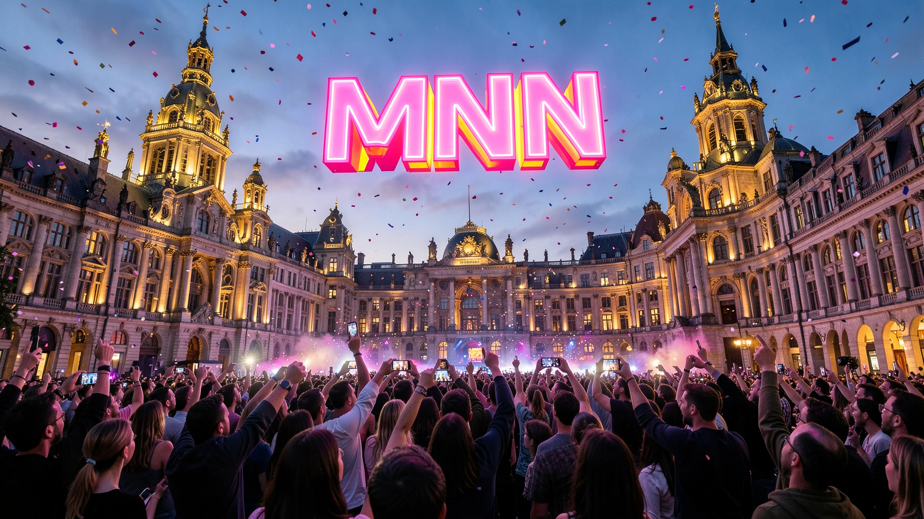 The Grand Place in Brussels at dusk with a pink and yellow neon sign reading MNM above a cheering crowd
