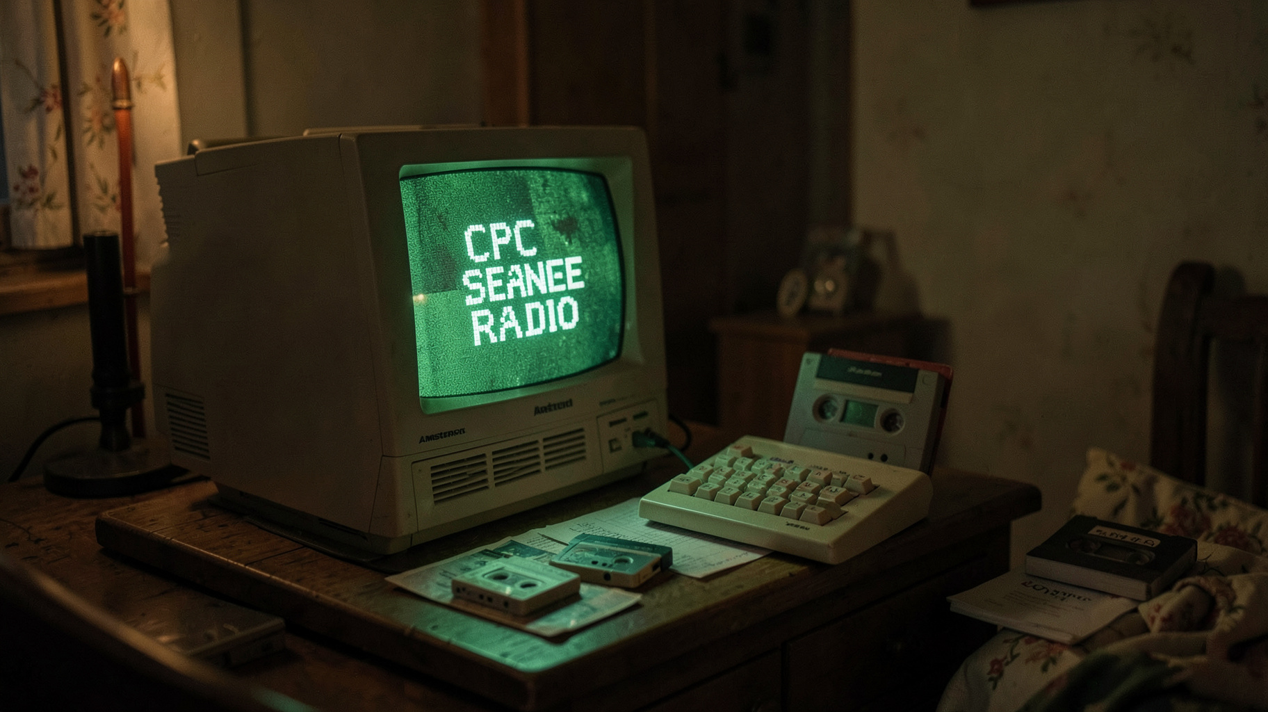 A 1980s French bedroom lit by a green CRT monitor connected to a vintage Amstrad CPC computer, screen reading CPC Scene Radio