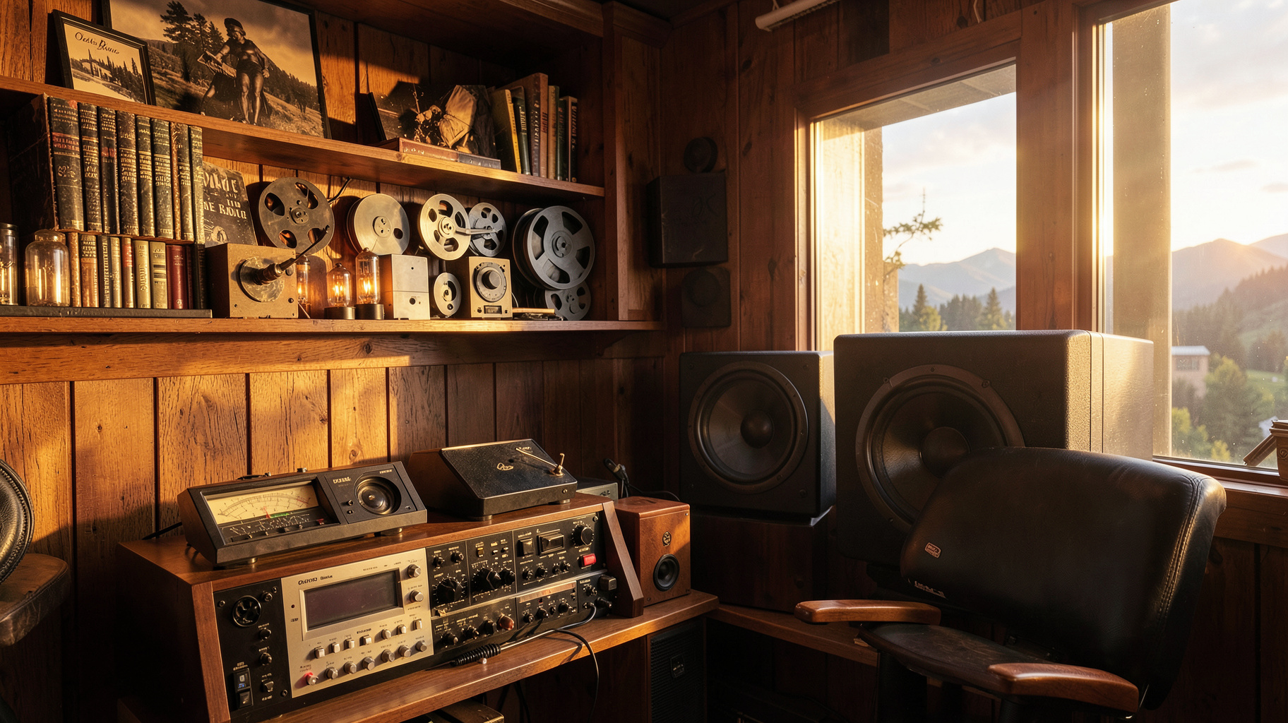A high-end audiophile listening room with vinyl records, a tube amplifier, and a vintage radio dial reading Octave Radio