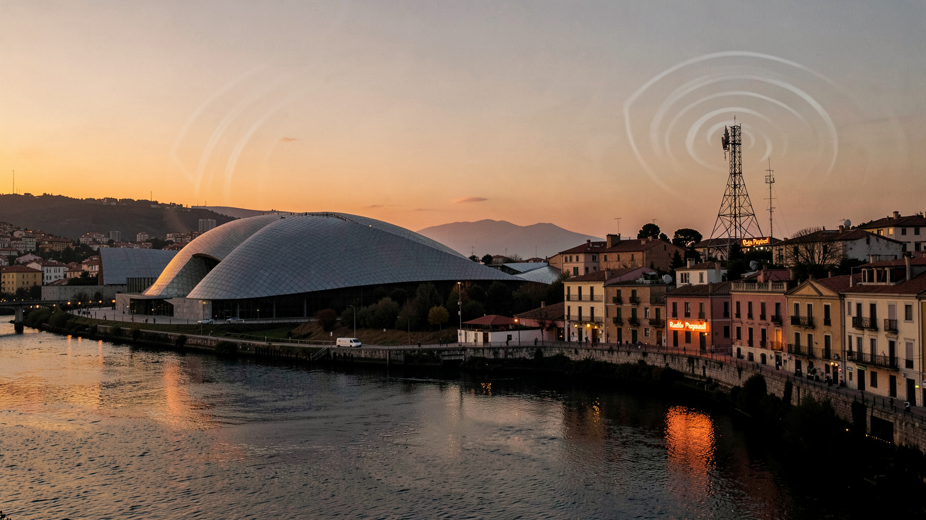 Bilbao skyline and Guggenheim Museum at dusk with a radio tower silhouette for Radio Popular