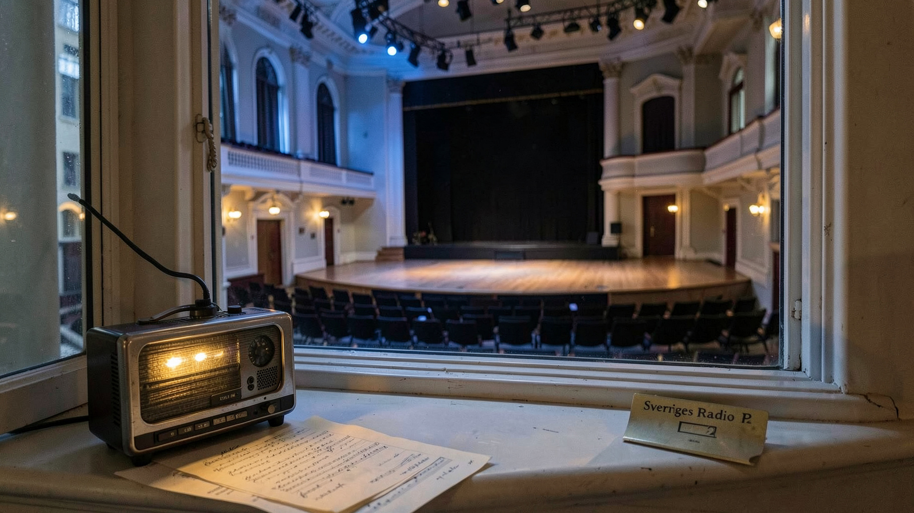 An elegant Swedish concert hall with a vintage radio glowing on a windowsill and a plaque reading Sveriges Radio P2