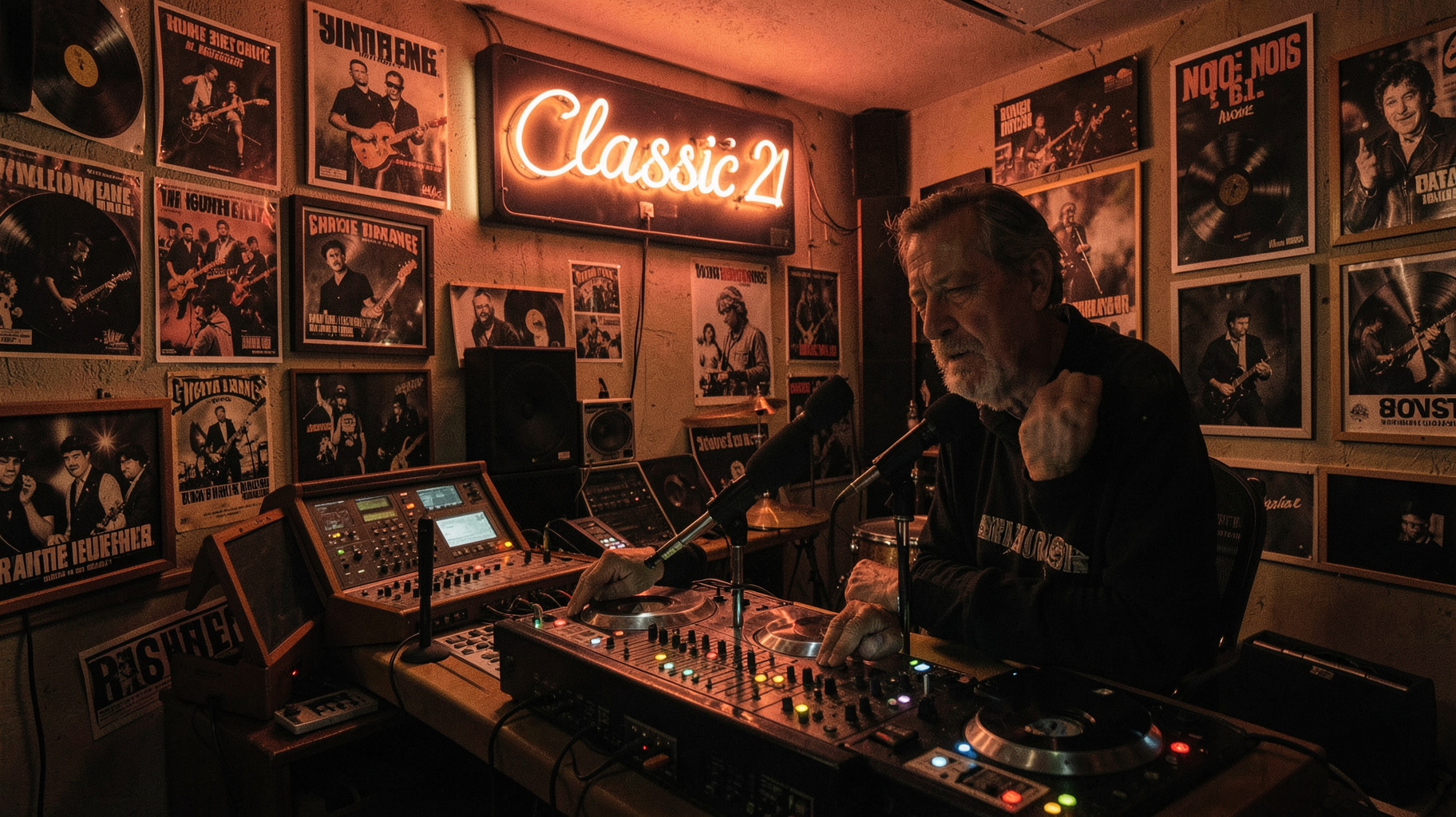 A classic rock radio studio in Belgium at night with a neon sign reading Classic 21 above the mixing desk