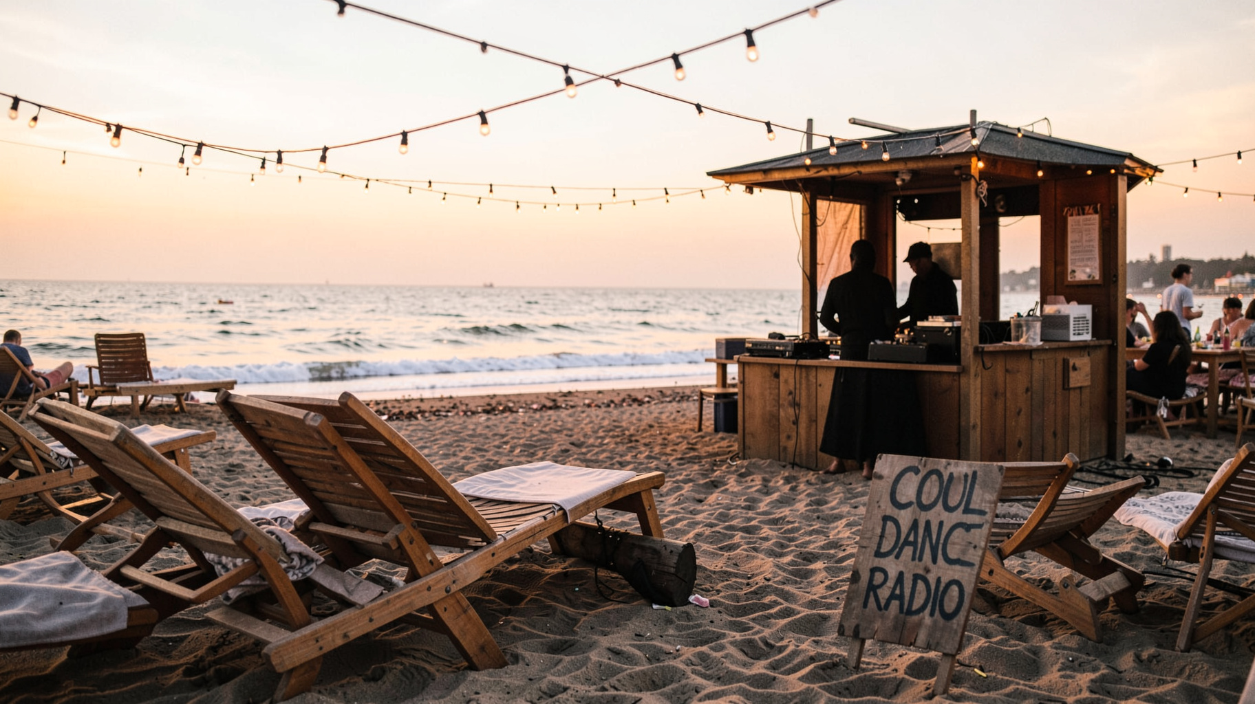 A beach club DJ booth at Scheveningen near The Hague at golden hour with a sign reading Cool Dance Radio