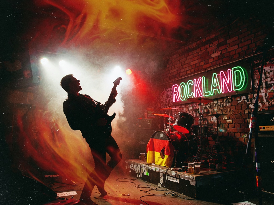 A guitarist silhouetted on a smoky rock club stage in eastern Germany with a neon ROCKLAND sign glowing behind the drum riser