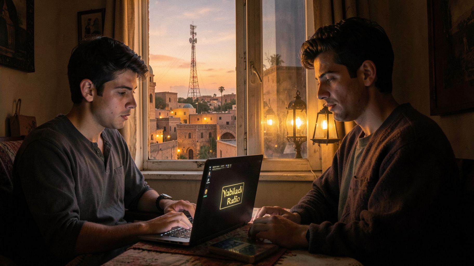 A double-exposure scene of a young man listening to Moroccan music in a French apartment blending into a Moroccan medina at night