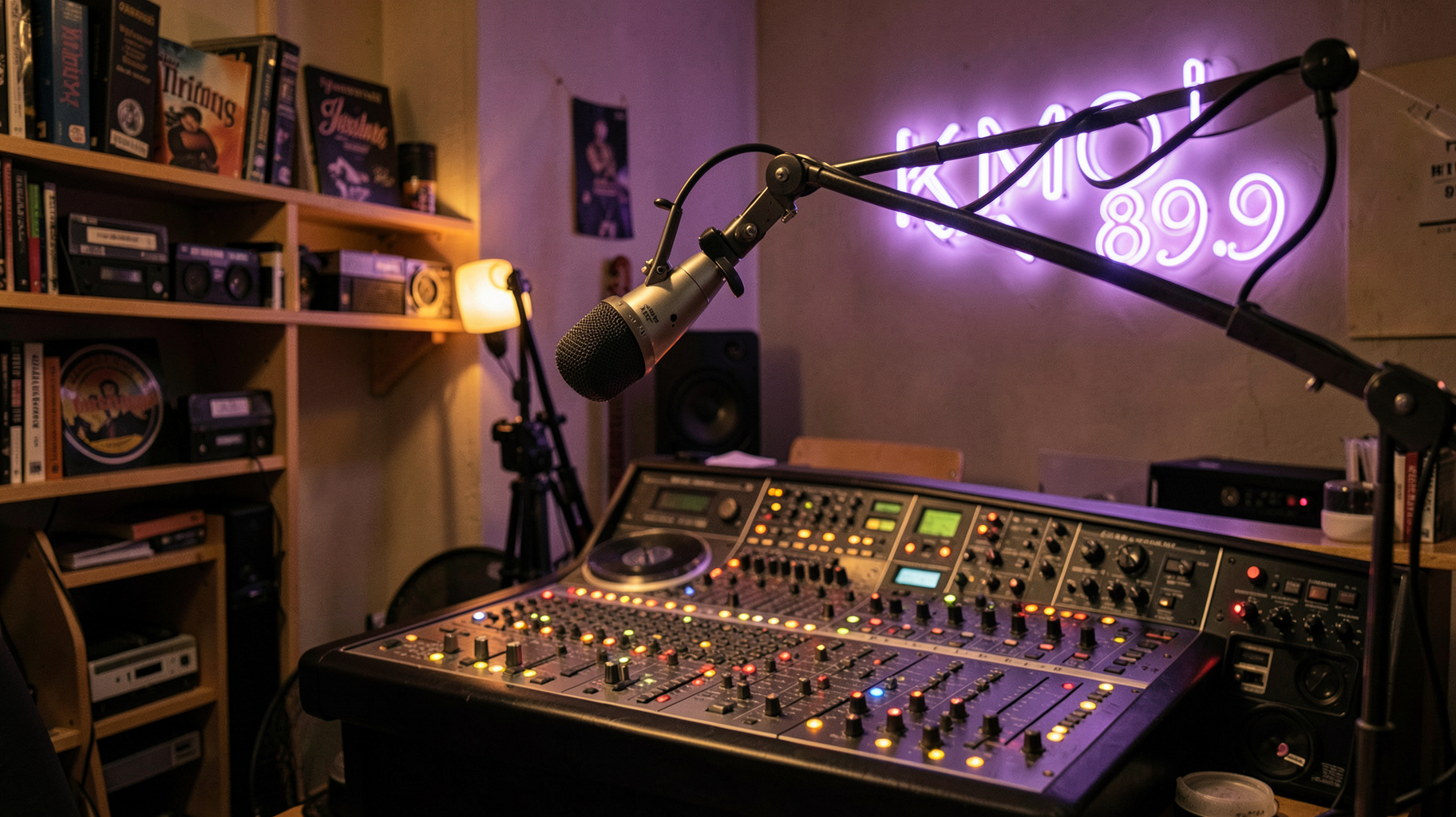 A warm community radio studio with a vintage microphone, mixing console and a neon sign reading KMOJ 89.9