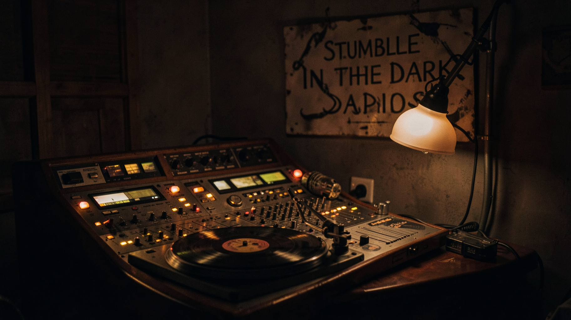 A dimly lit small-town radio studio with a hand-lettered Stumble In The Dark Radio sign